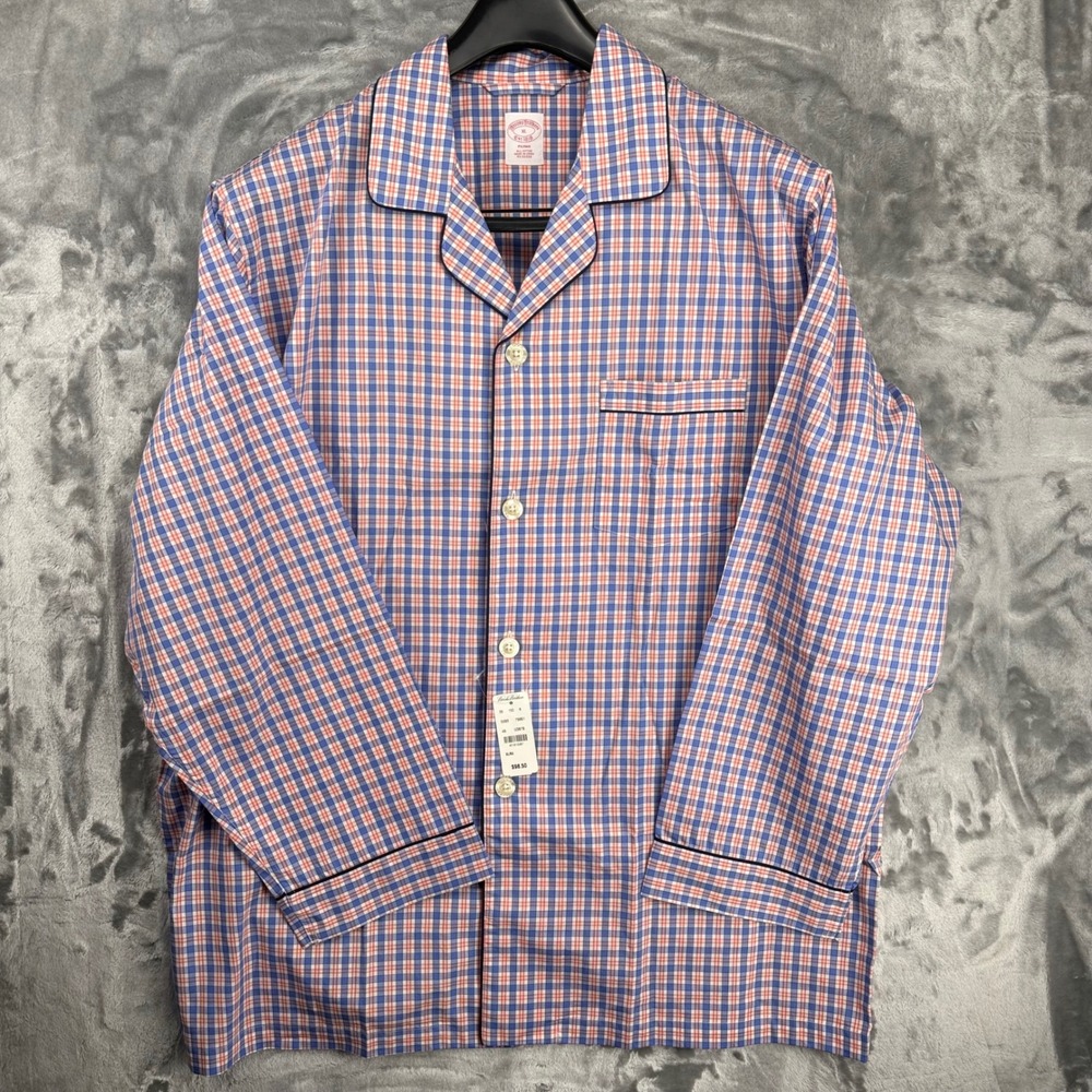 Brooks Brothers Mens XL Pajama Top Blue Orange Plaid Cotton Button Down NWT
